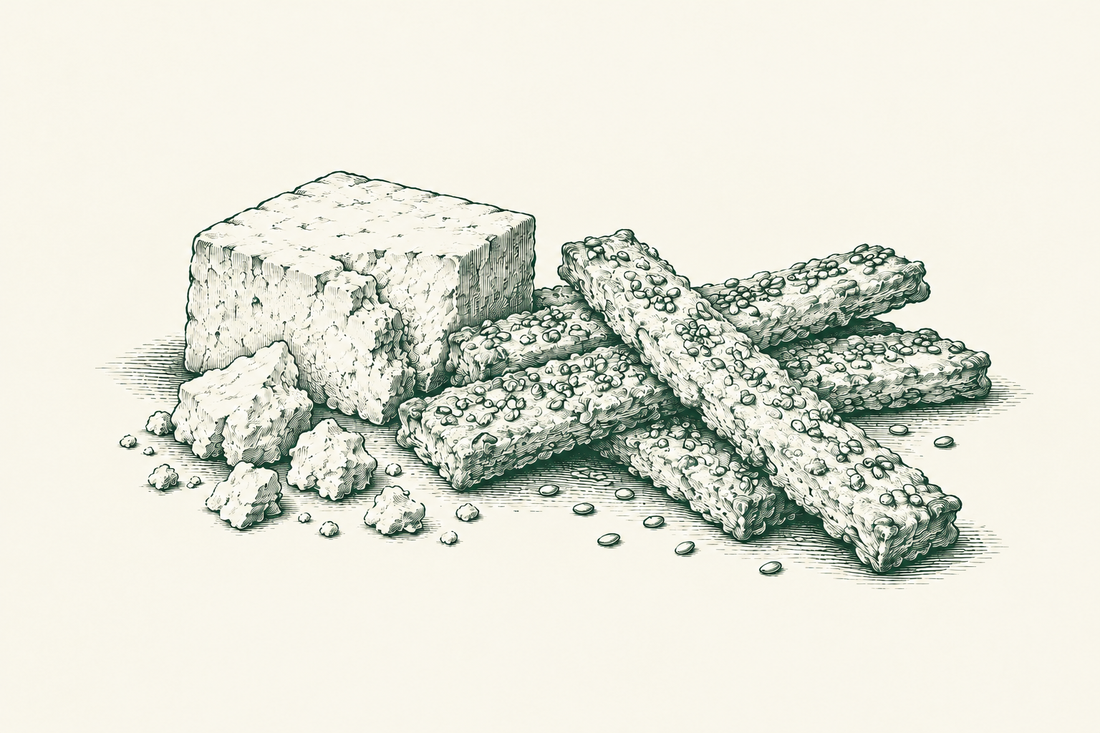 Forest-green line drawing of sesame-topped cheese straws beside crumbly feta on cream.