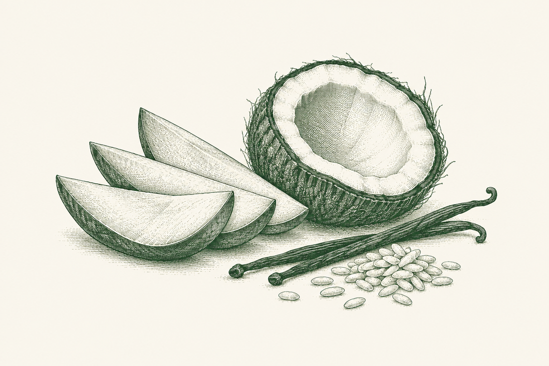 Green ingredient illustration for Coconut rice pudding with fresh mango and toasted coconut