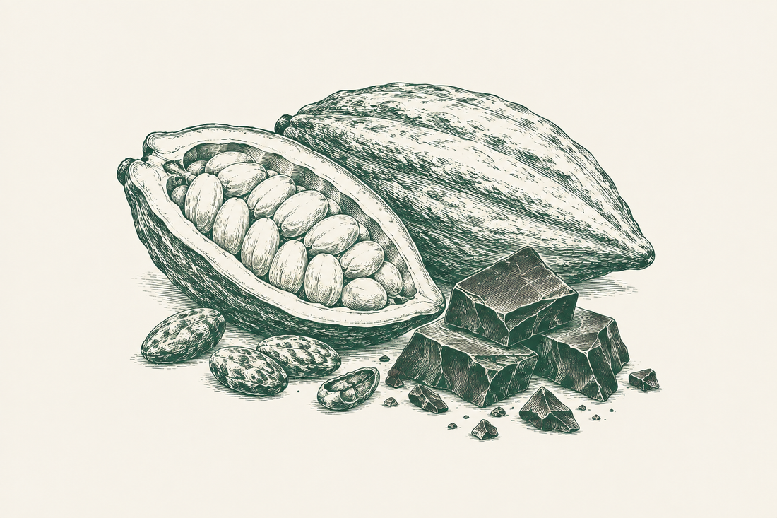 Line illustration of cacao pod and chocolate