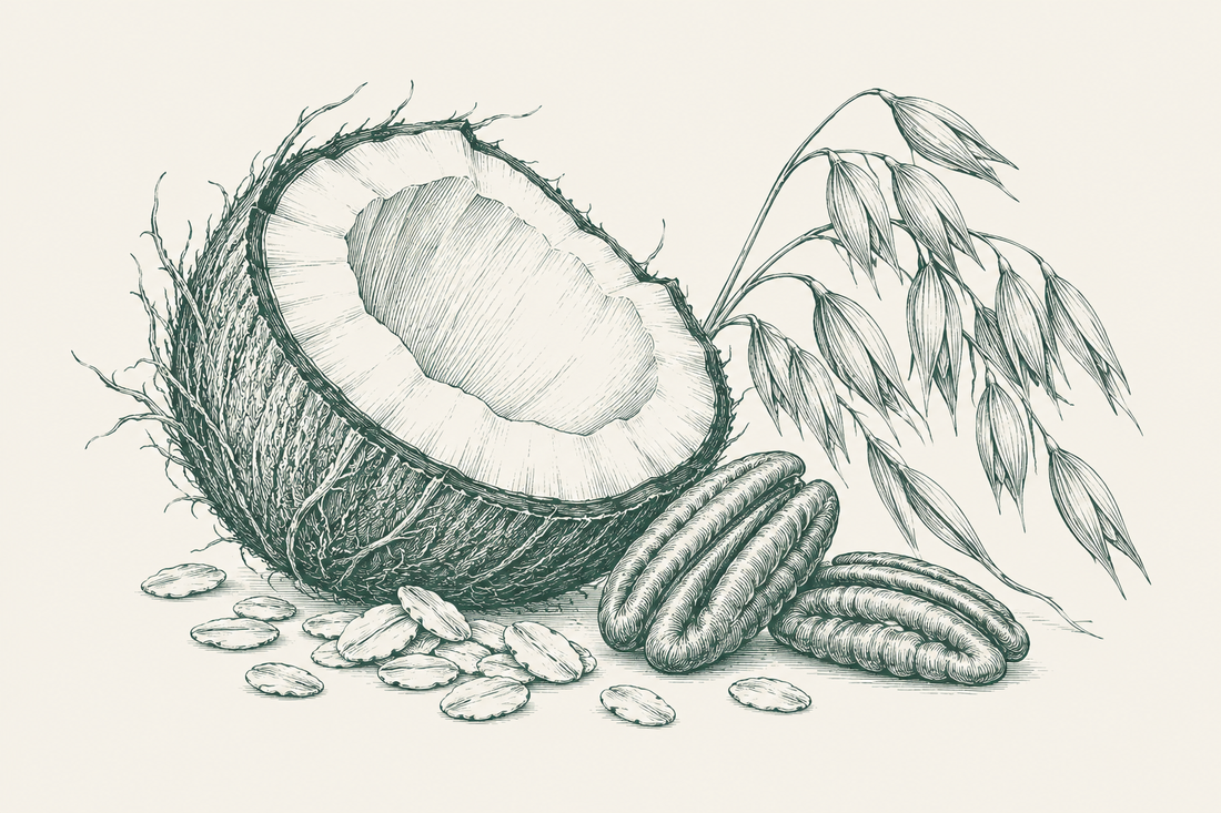 Line illustration of coconut, oats and pecans