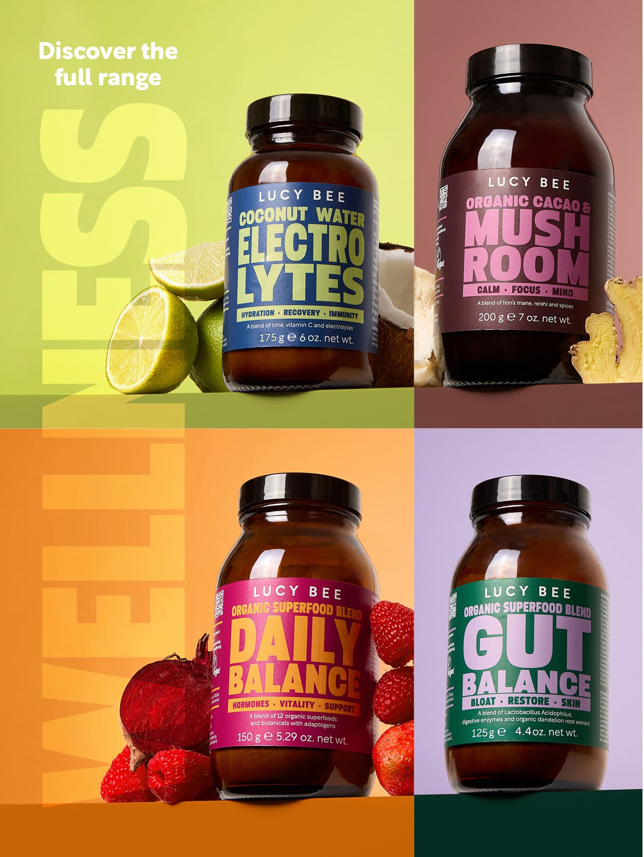 Four bottles of Lucy Bee health products on a colorful background with text promoting the full range.