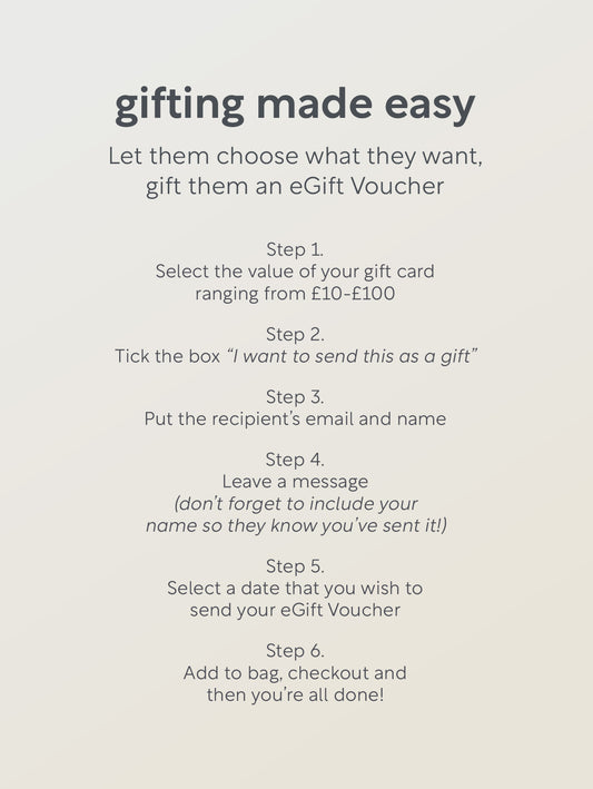Step-by-step instructions for sending a Lucy Bee eGift Voucher: select value, tick gift option, add recipient details, leave a message, choose a send date, and check out