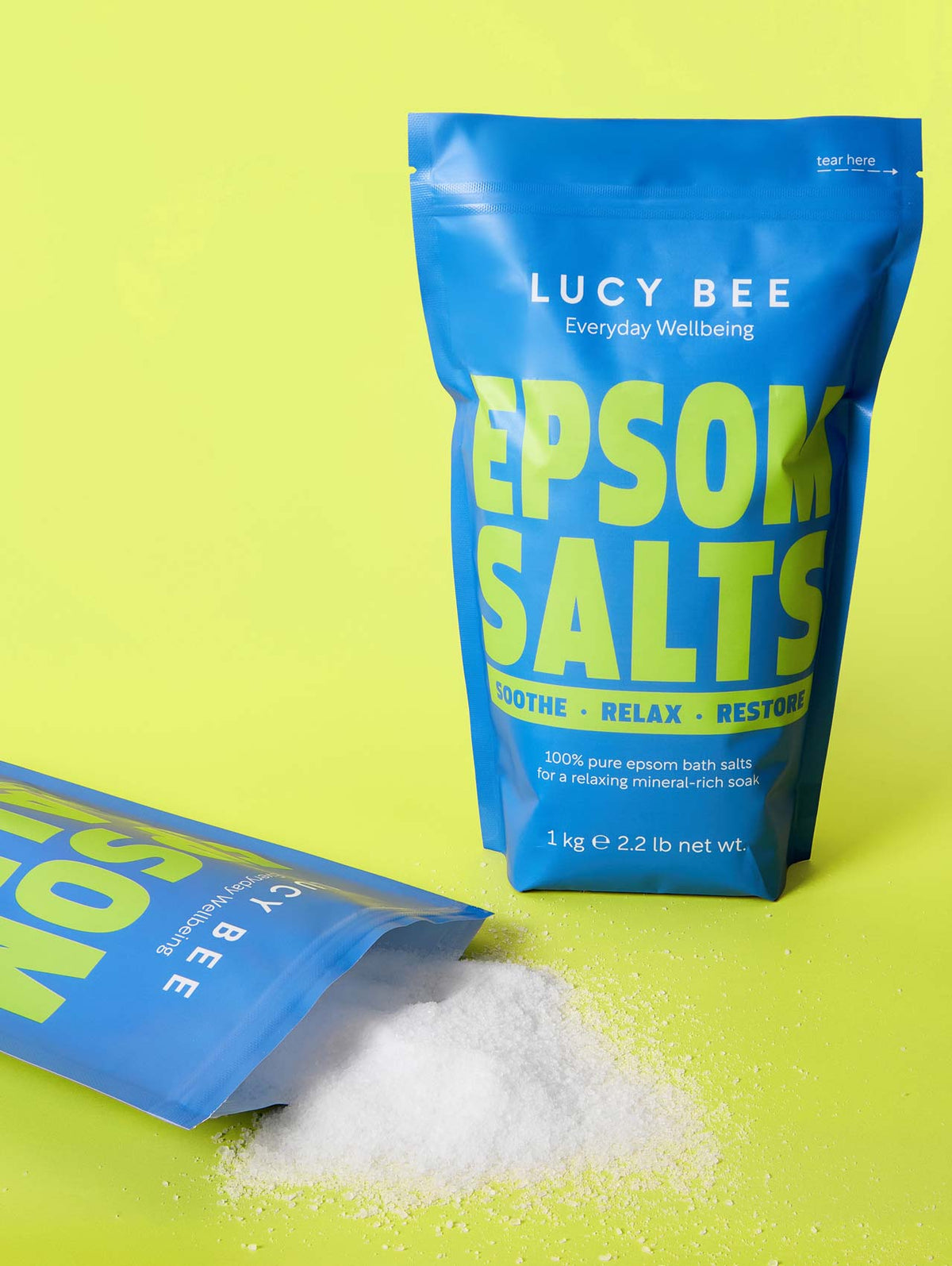 Lucy Bee Epsom Salt packet on a yellow background rich in magnesium