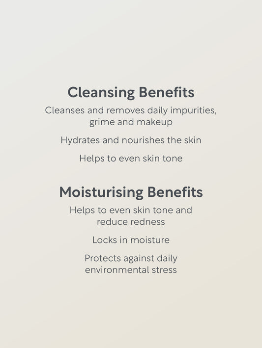 Text detailing cleansing and moisturizing benefits on a beige background