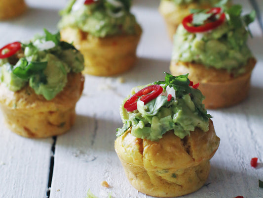 Sweetcorn, Chilli and Coriander Muffins with Avocado Topping