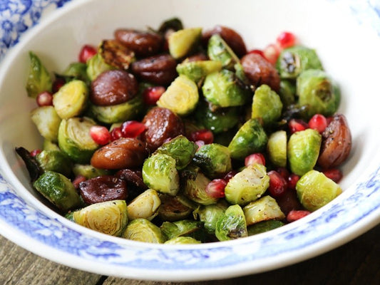 Roasted Brussels with Chestnuts and Pomegranates