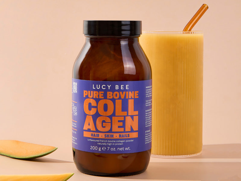 Lucy Bee Bovine Collagen Peptides with a mango smoothie