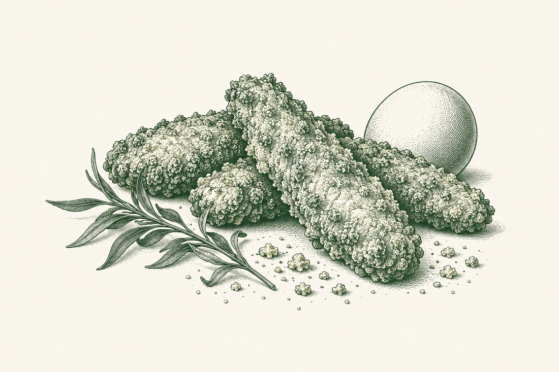Forest-green engraving of three appetising crisp breadcrumb-coated chicken fingers with textured crusts, a delicate tarragon sprig, one whole egg and a small scattering of breadcrumbs