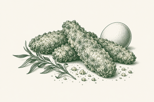 Forest-green engraving of three appetising crisp breadcrumb-coated chicken fingers with textured crusts, a delicate tarragon sprig, one whole egg and a small scattering of breadcrumbs