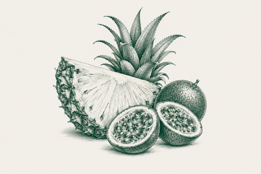 Pineapple and passion fruit – green ingredient engraving for Pineapple and passion fruit roulade