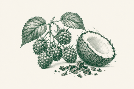 Raspberries, coconut and cacao nibs – green ingredient engraving for Raspberry, cacao nib and coconut oil crumble