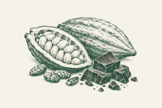 Line illustration of cacao pod and chocolate