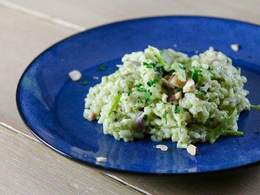 Asparagus Risotto with Ricotta and Crushed Brazil Nuts
