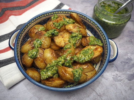 Vegan Salsa Verde using Starseed Omega Oil with Roasted Baby New Potatoes