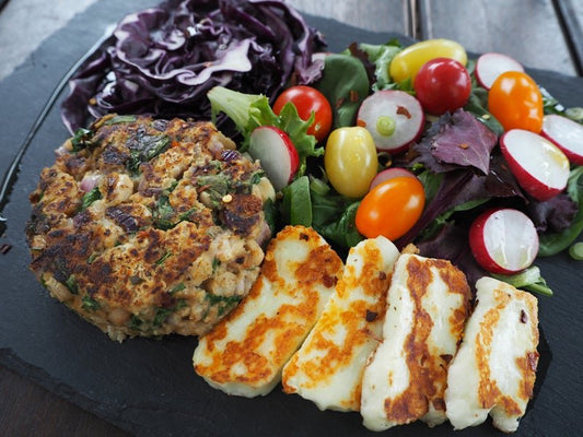 Spicy Bean Burgers with Halloumi