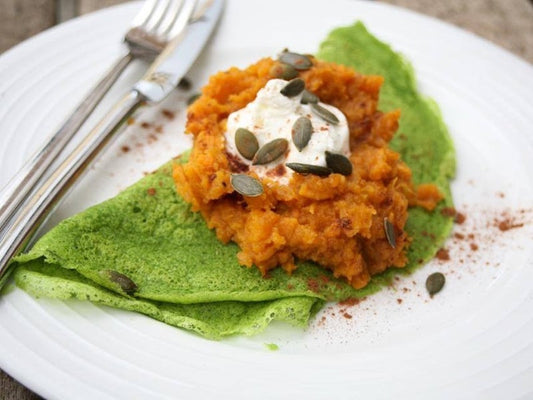 Savoury Spinach Pancakes served with Sweet Potato