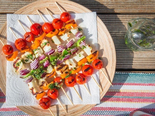 Vegetable and Halloumi Kebabs with a Citrus Dressing