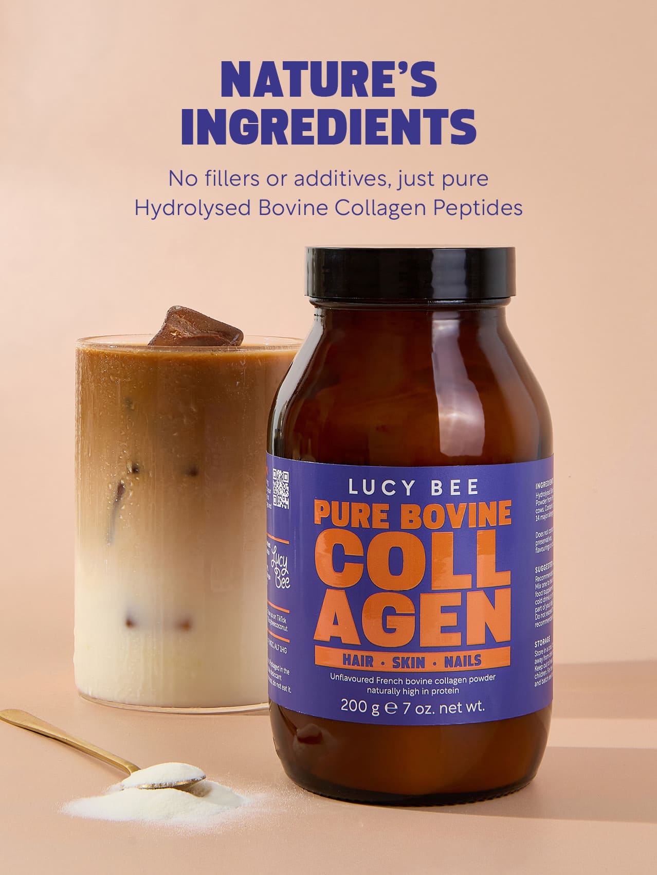 Bottle of Lucy Bee Pure Bovine Collagen with a cup of coffee and collagen powder on a beige background