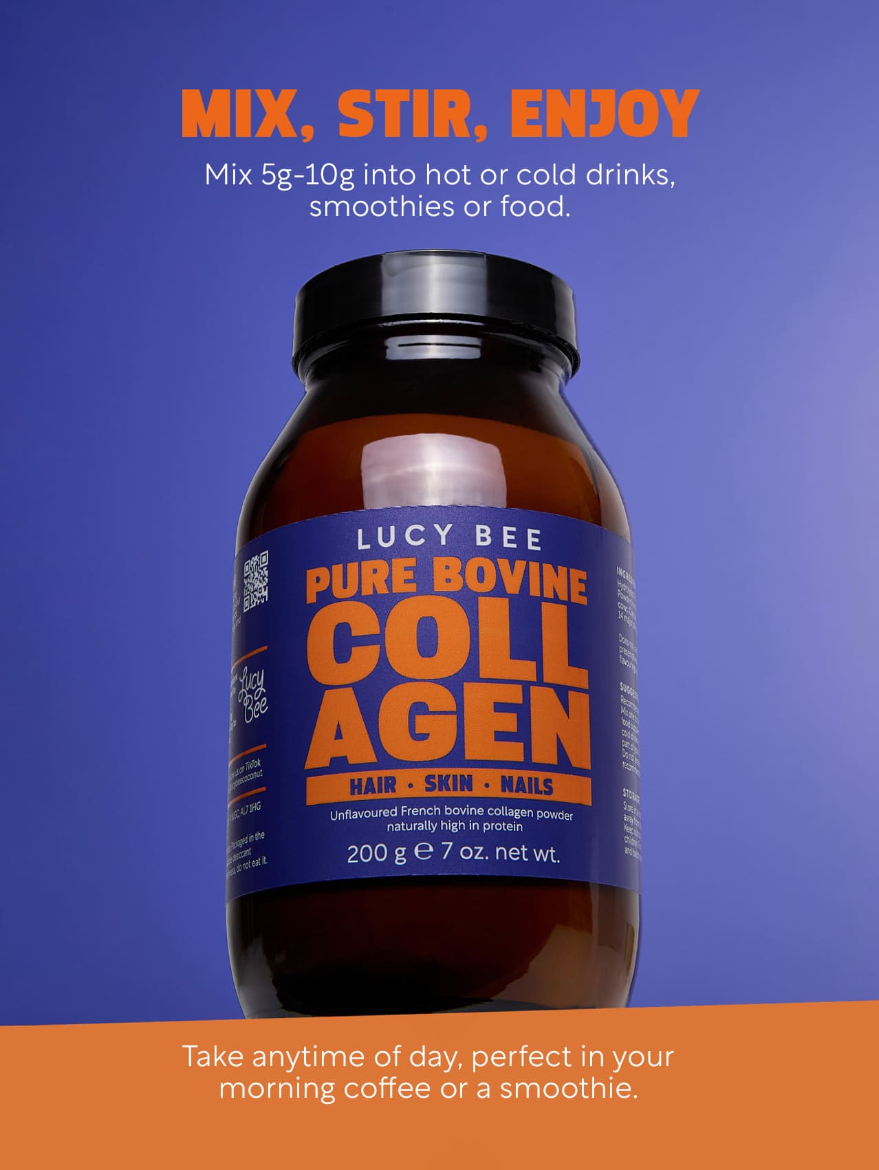Lucy Bee Pure Bovine Collagen supplement jar on a blue and orange gradient background