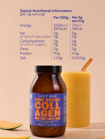 Lucy Bee pure bovine collagen supplement bottle with nutritional information on a beige background