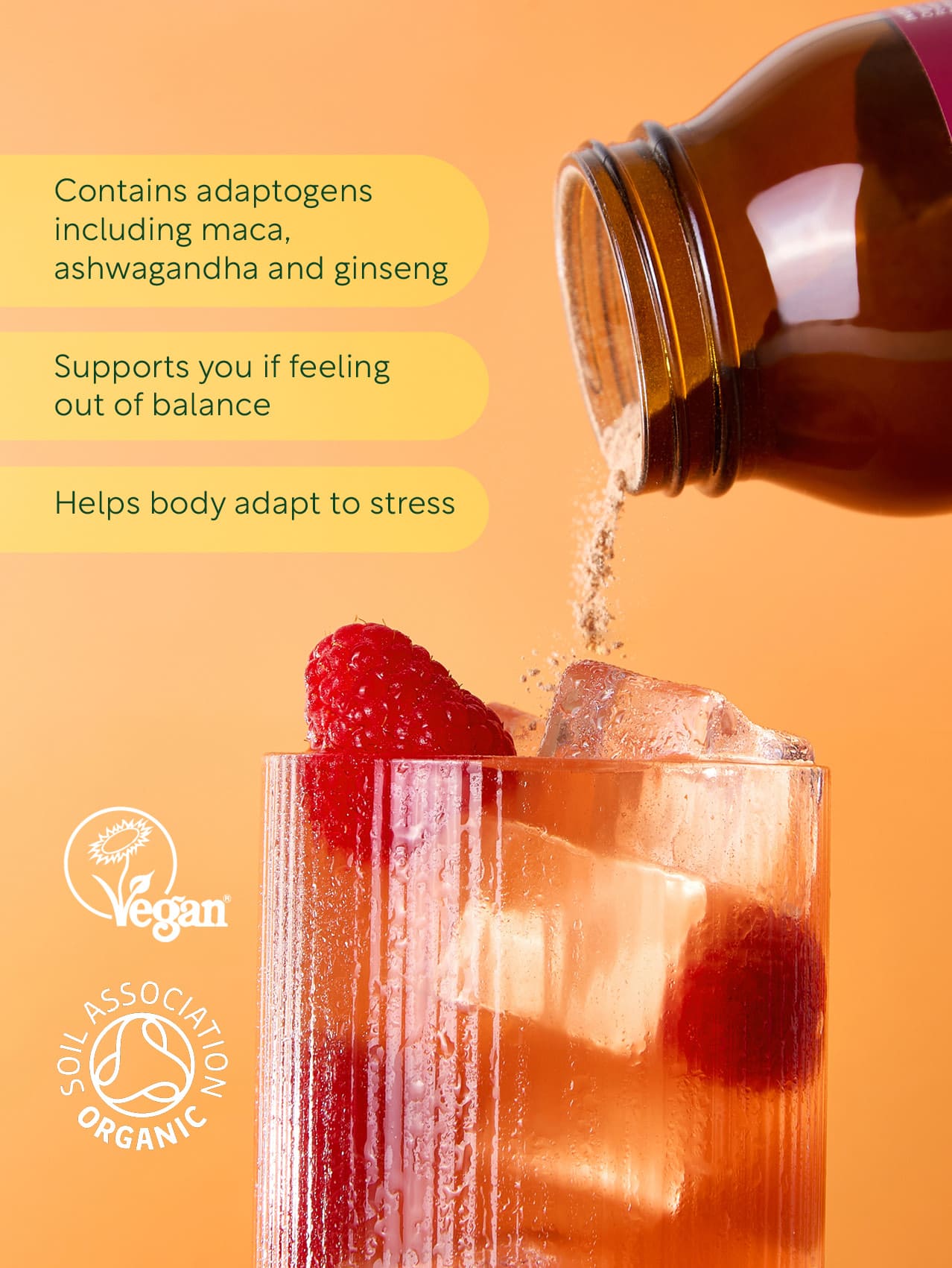 Bottle pouring liquid into a glass with raspberries and ice, on an orange background. lucy bee organic daily balance
