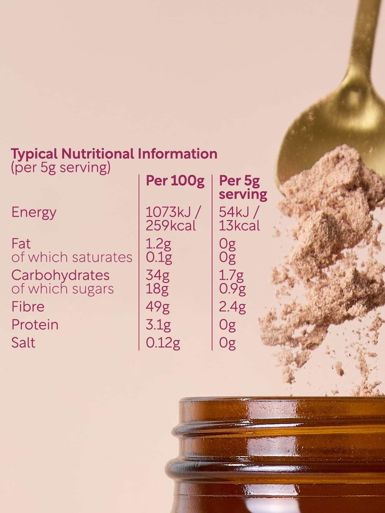 Nutritional information label on a jar with a spoonful of powder. Lucy Bee organic daily balance to support stress and times when you may feel out of balance