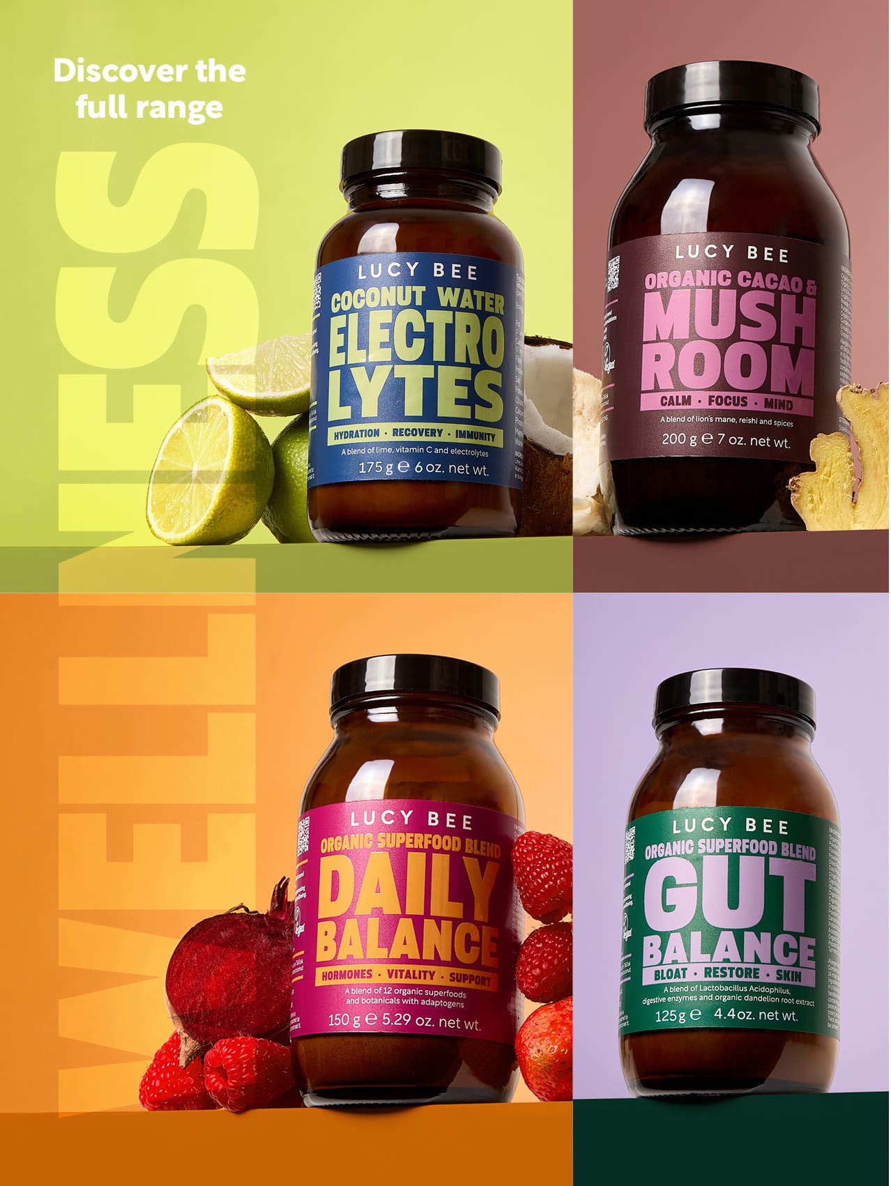 Four bottles of Lucy Bee health products on a colorful background with text 'Discover the full range'.