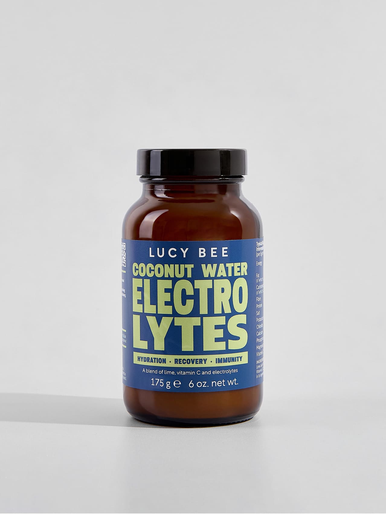 Lucy Bee coconut water electrolytes supplement bottle on a white background. Lucy Bee electrolyte powder UK with coconut water