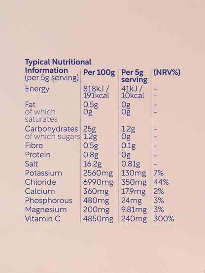 Nutritional information table on a beige background. Lucy Bee electrolyte powder UK with coconut water