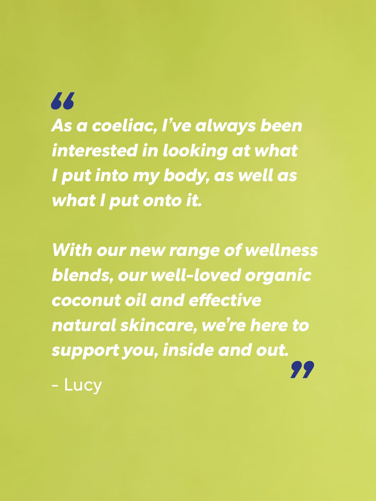 Text on a green background about wellness blends and organic coconut oil. Lucy Bee electrolyte powder UK with organic coconut water