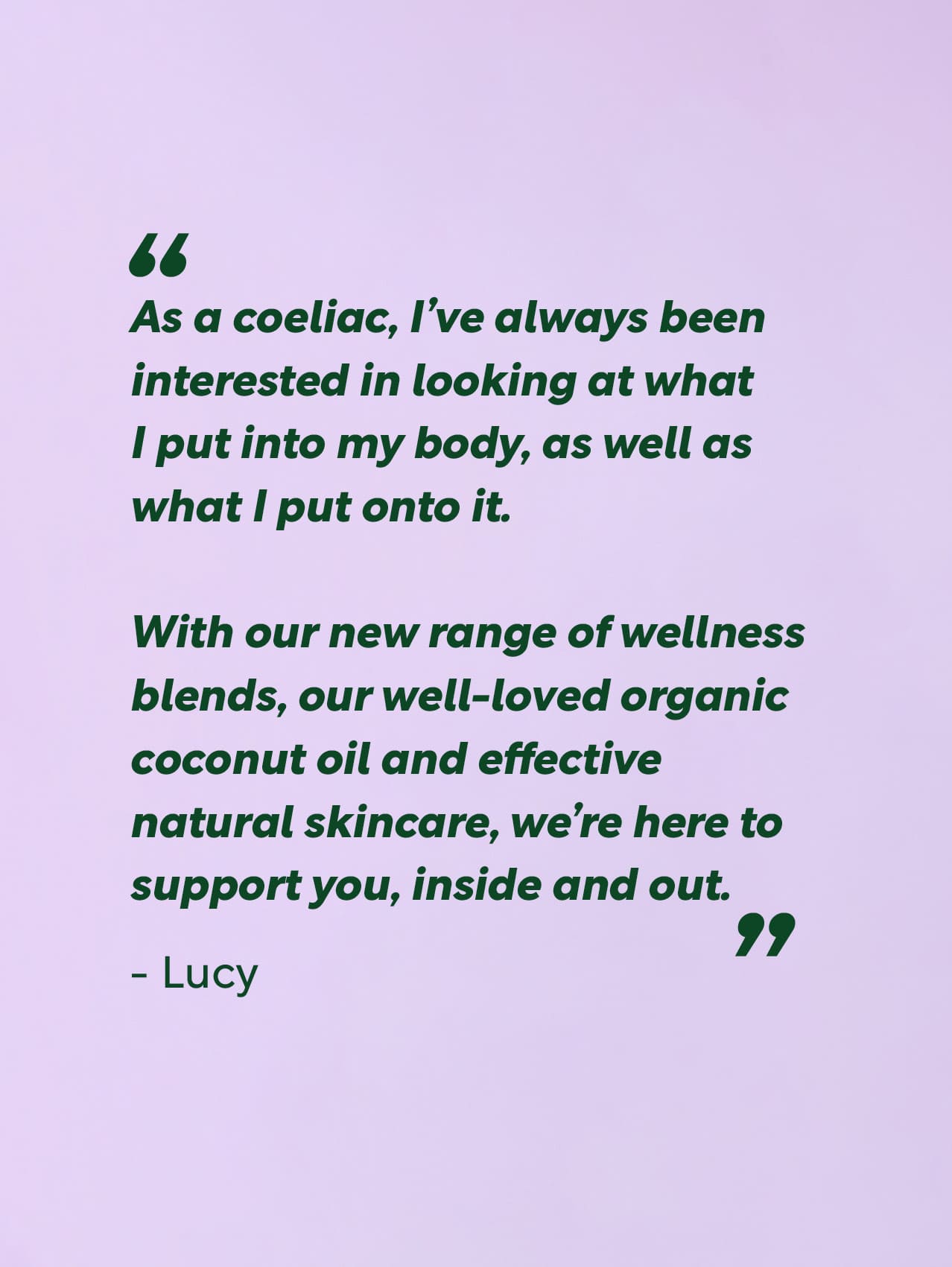 Text on a purple background about a coeliac's interest in wellness blends and organic coconut oil. lucy bee organic gut balance for digestive support with prebiotics, probiotic and digestive enzymes