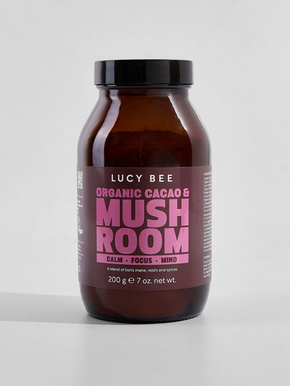 lucy bee organic mushroom and cacao blend with adaptogens for focus and calm