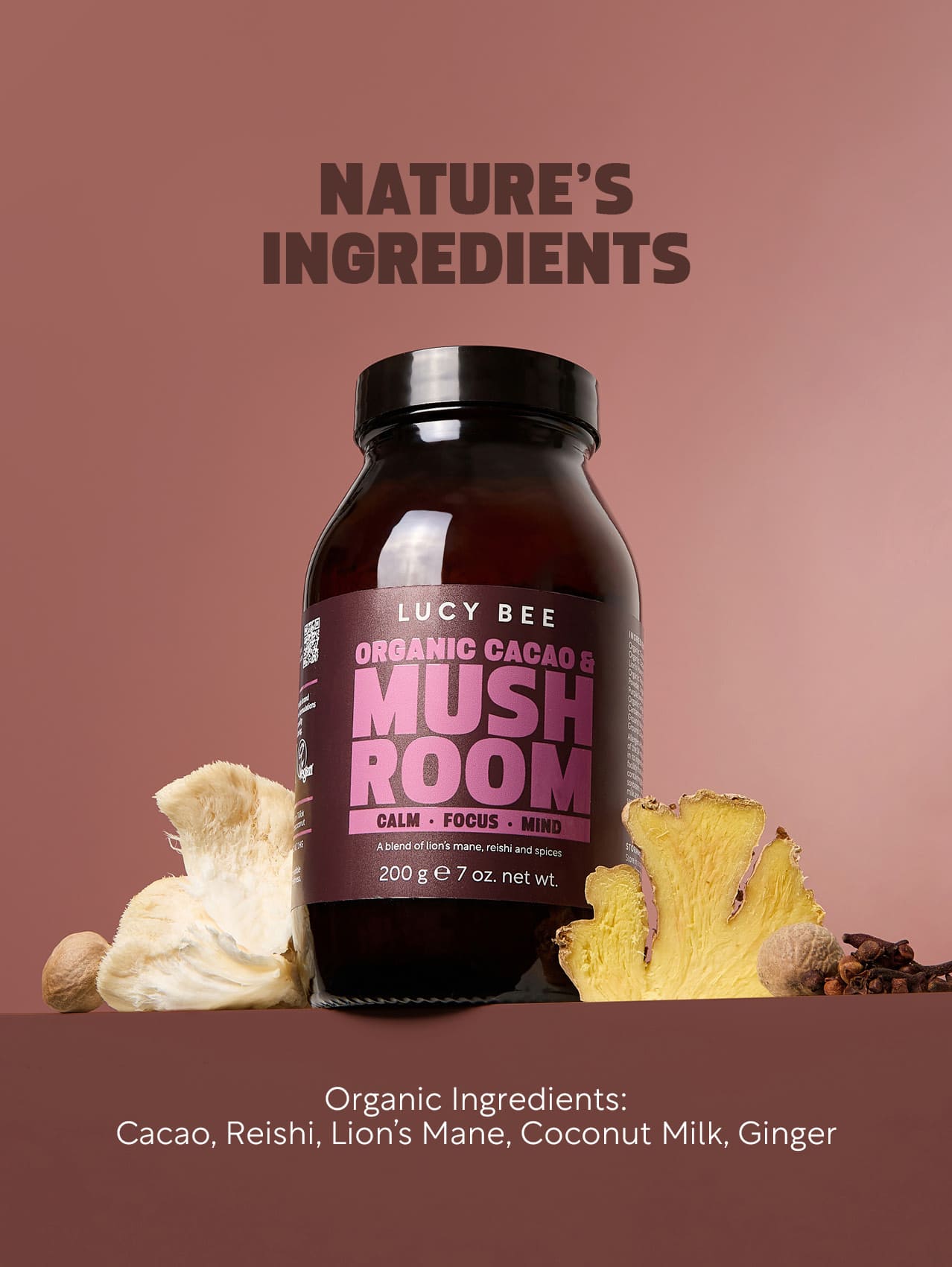 Lucy Bee Organic Cacao & Mushroom supplement bottle with ingredients on a brown background lucy bee organic mushroom and cacao blend with adaptogens for focus and calm
