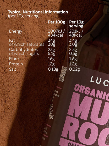 Nutritional information label on a chocolate bar with 'Lucy's Organic' branding. lucy bee organic mushroom and cacao blend with adaptogens for focus and calm