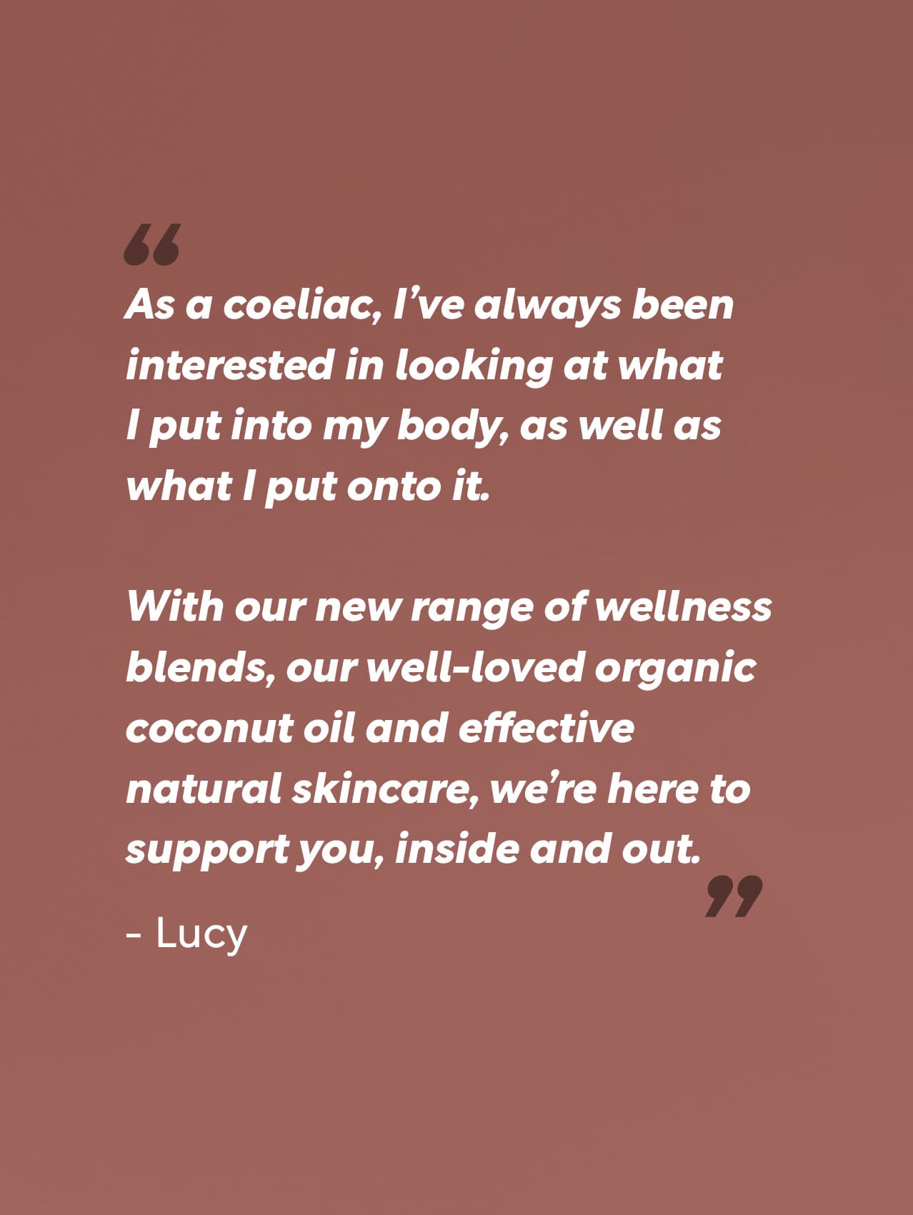 Text on a brown background about wellness blends and organic coconut oil.