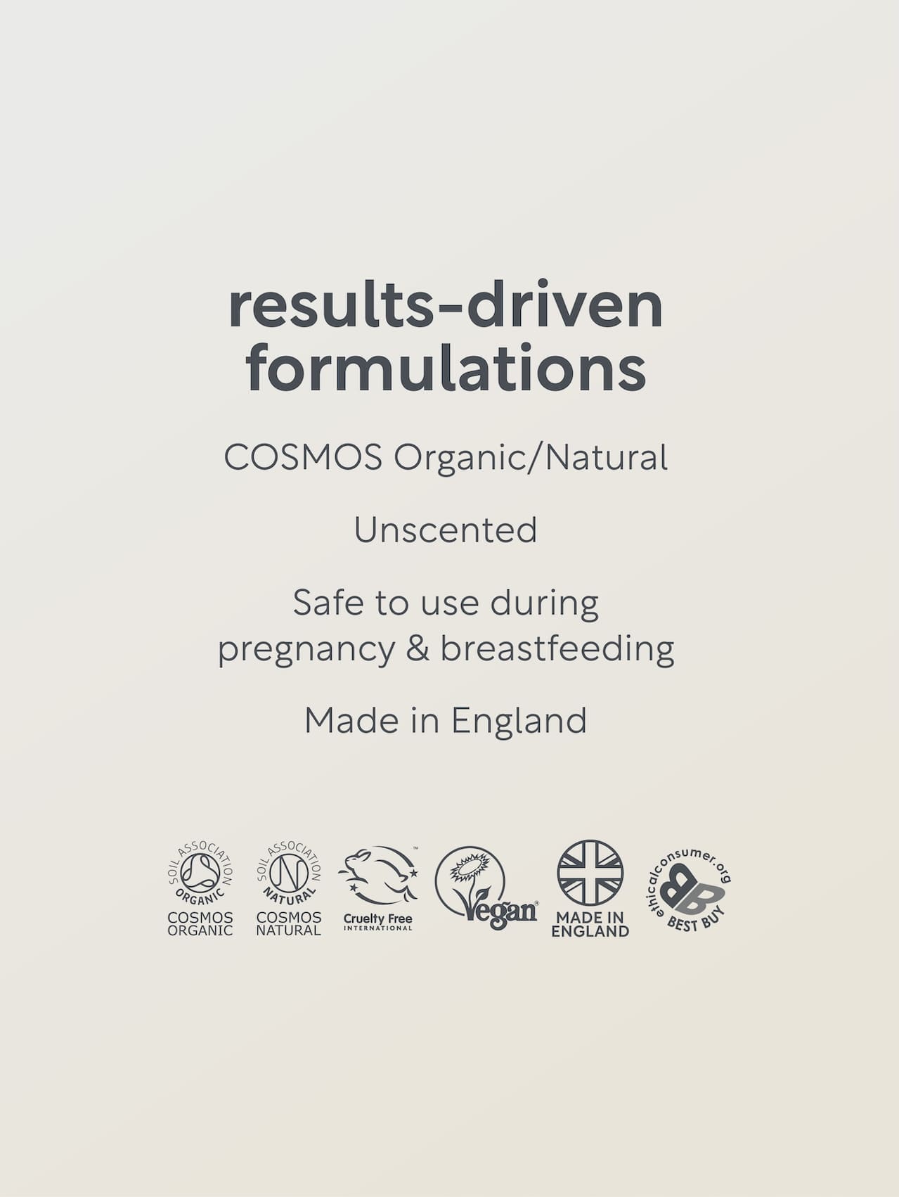 Product label with text about results-driven formulations, COSMOS Organic/Natural certification, and safety information.