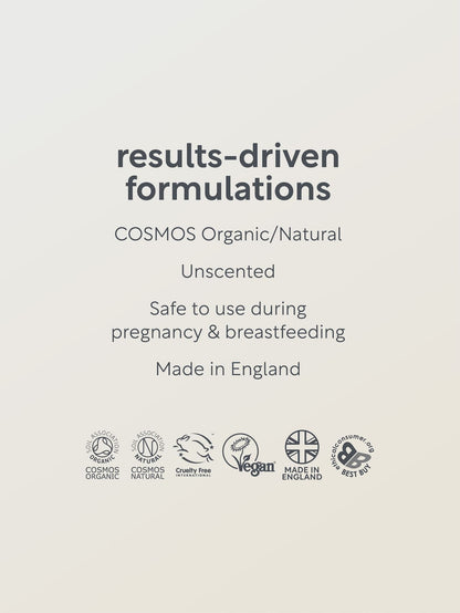 Product label with text about results-driven formulations, COSMOS Organic/Natural certification, and safety information.