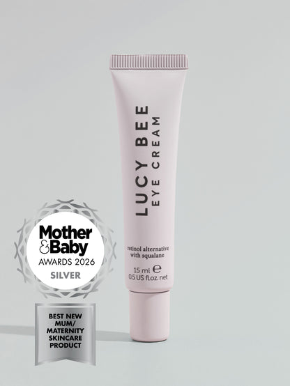 Lucy Bee eye cream with Mother & Baby Awards 2026 silver badge on a light gray background