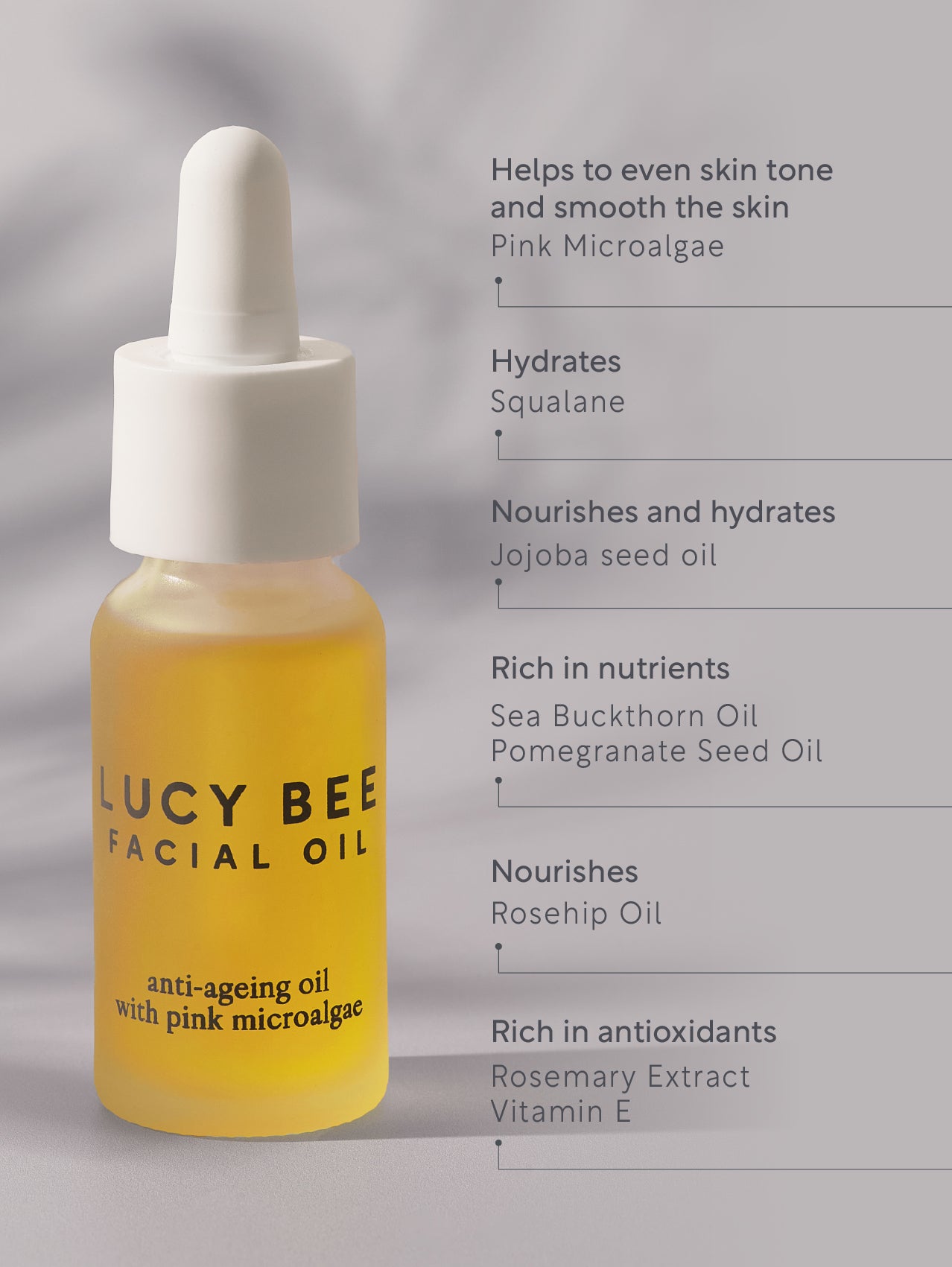 Lucy Bee facial oil bottle with text detailing its benefits on a gray background