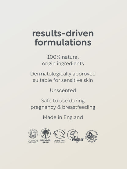 Text and logos on a light gray background about results-driven formulations with natural ingredients.