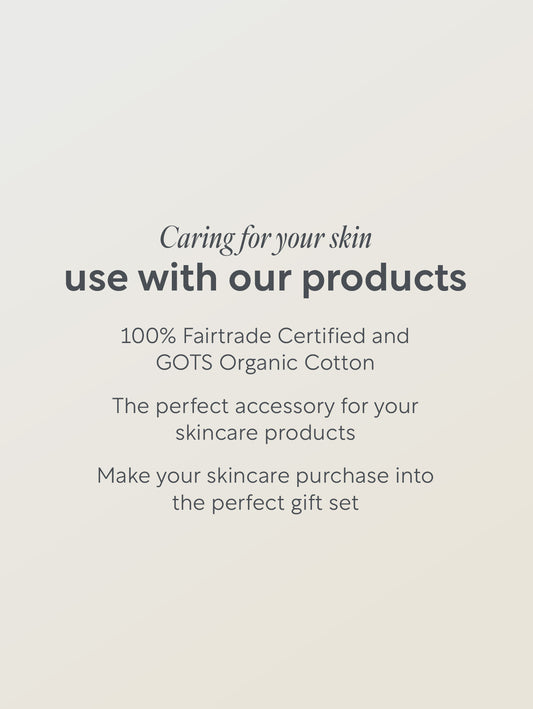 Text on a light gray background about skincare products and organic cotton.