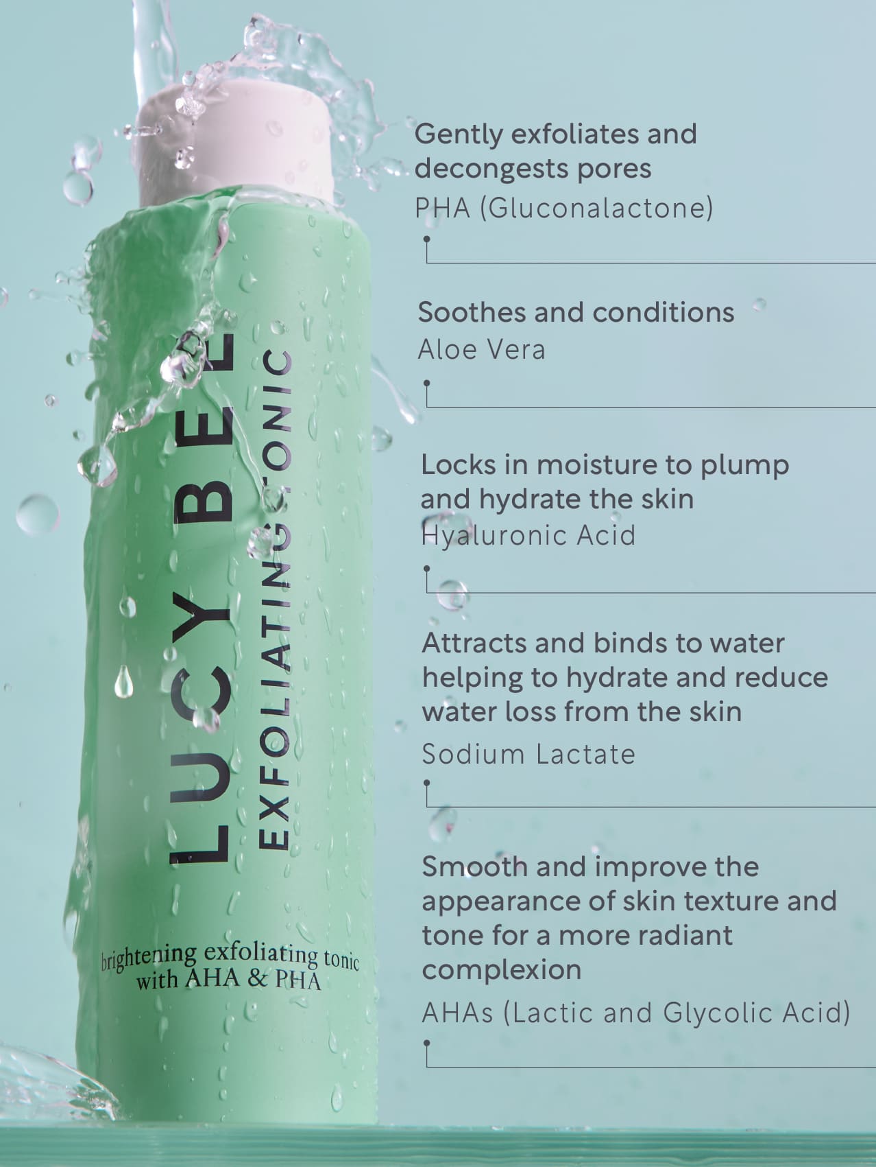 Lucy Bee exfoliating tonic bottle with product features listed on a light blue background