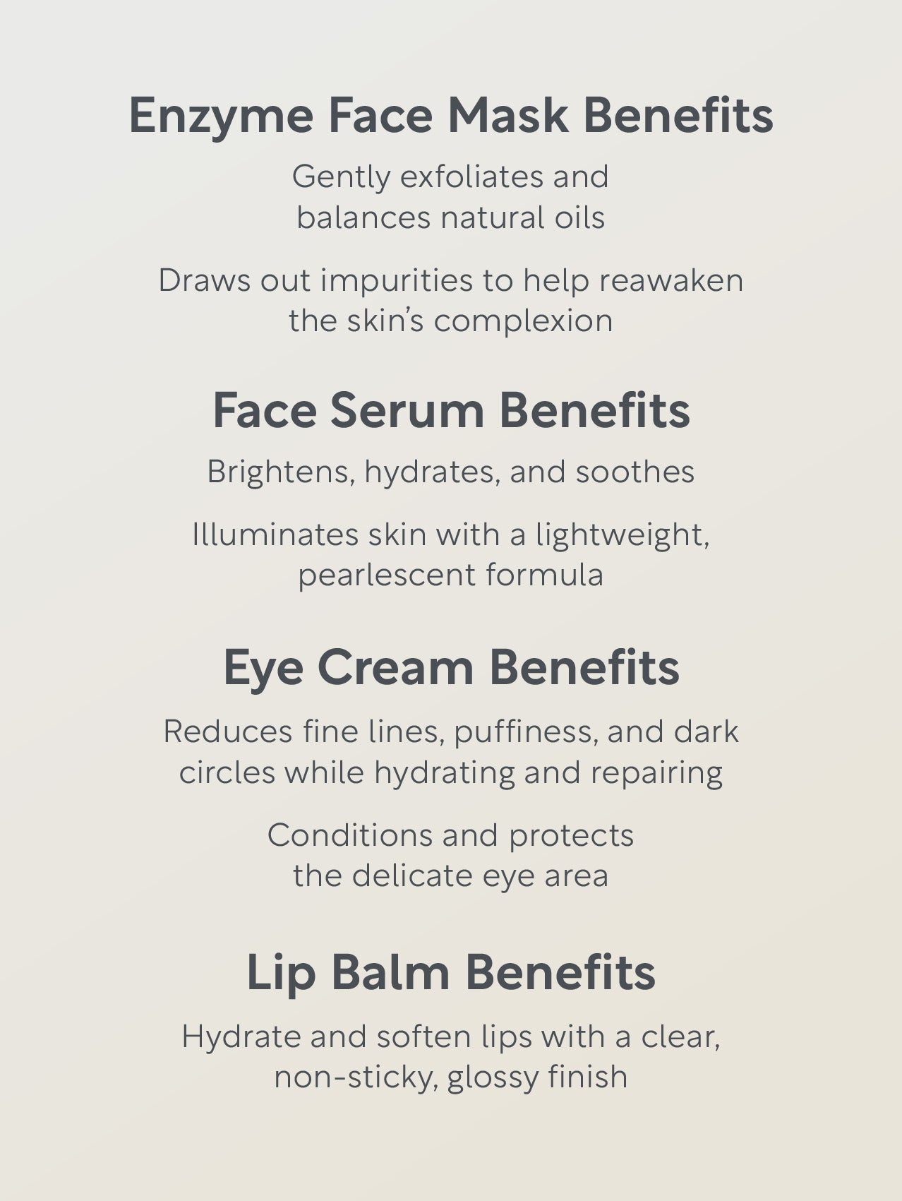 List of skincare product benefits on a light gray background