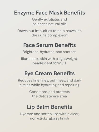 List of skincare product benefits on a light gray background