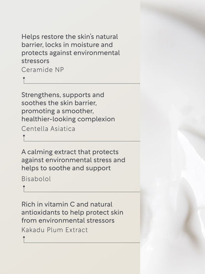 Text detailing skincare benefits with a blurred skincare product in the background