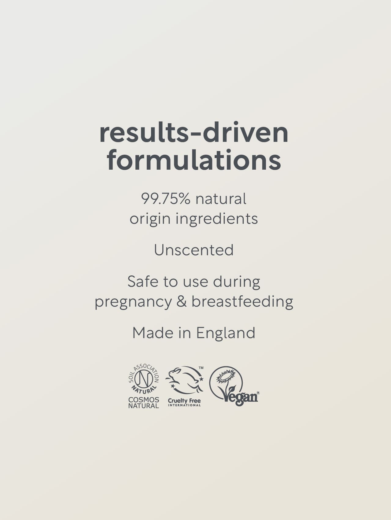 Text on a beige background about results-driven formulations with natural ingredients, certifications, and product origin.