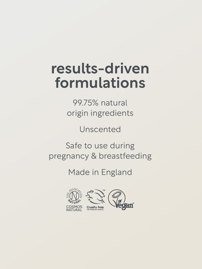 Text on a beige background about results-driven formulations with natural ingredients, certifications, and product origin.