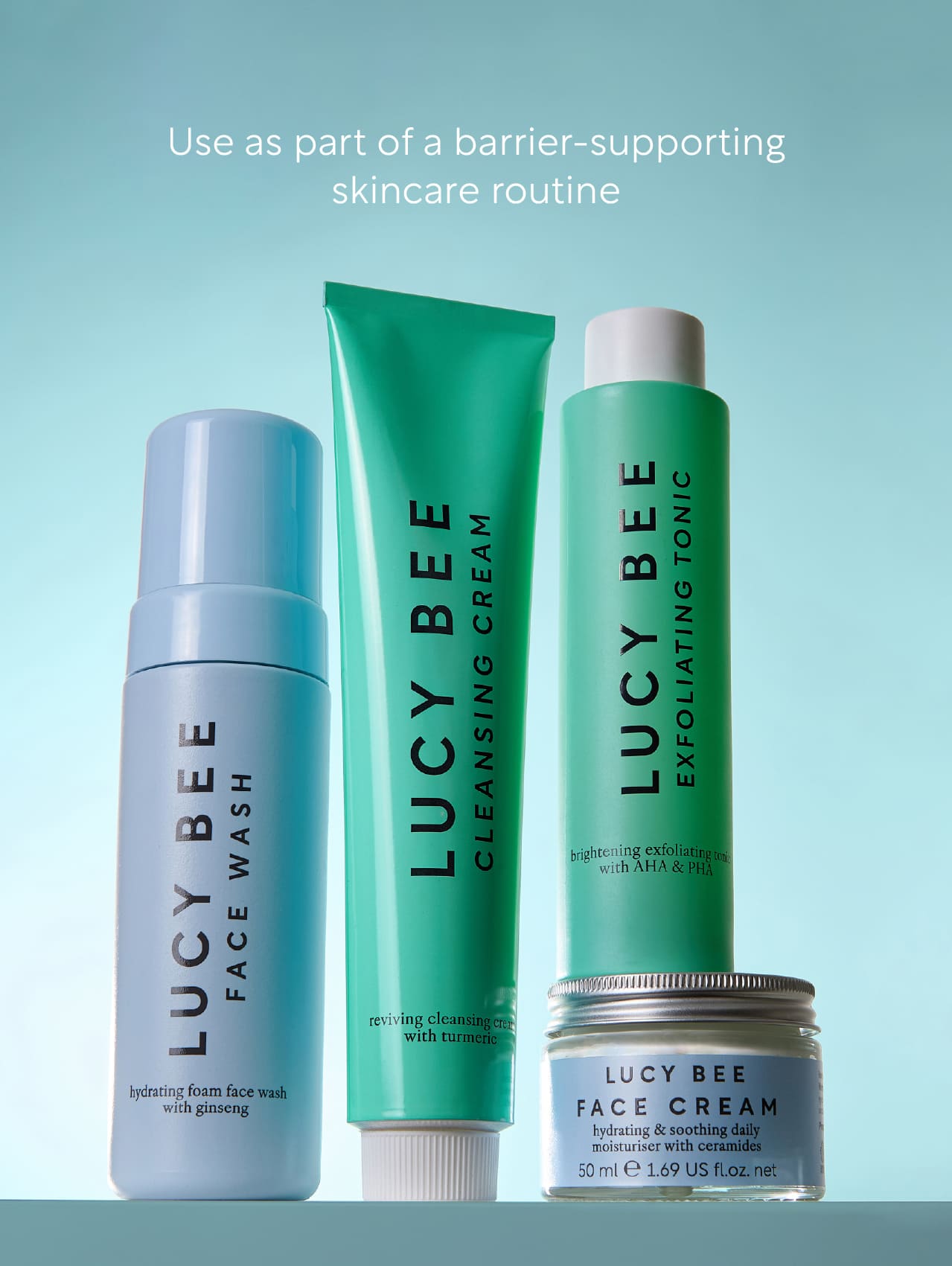 Set of Lucy Bee skincare products on a light blue background