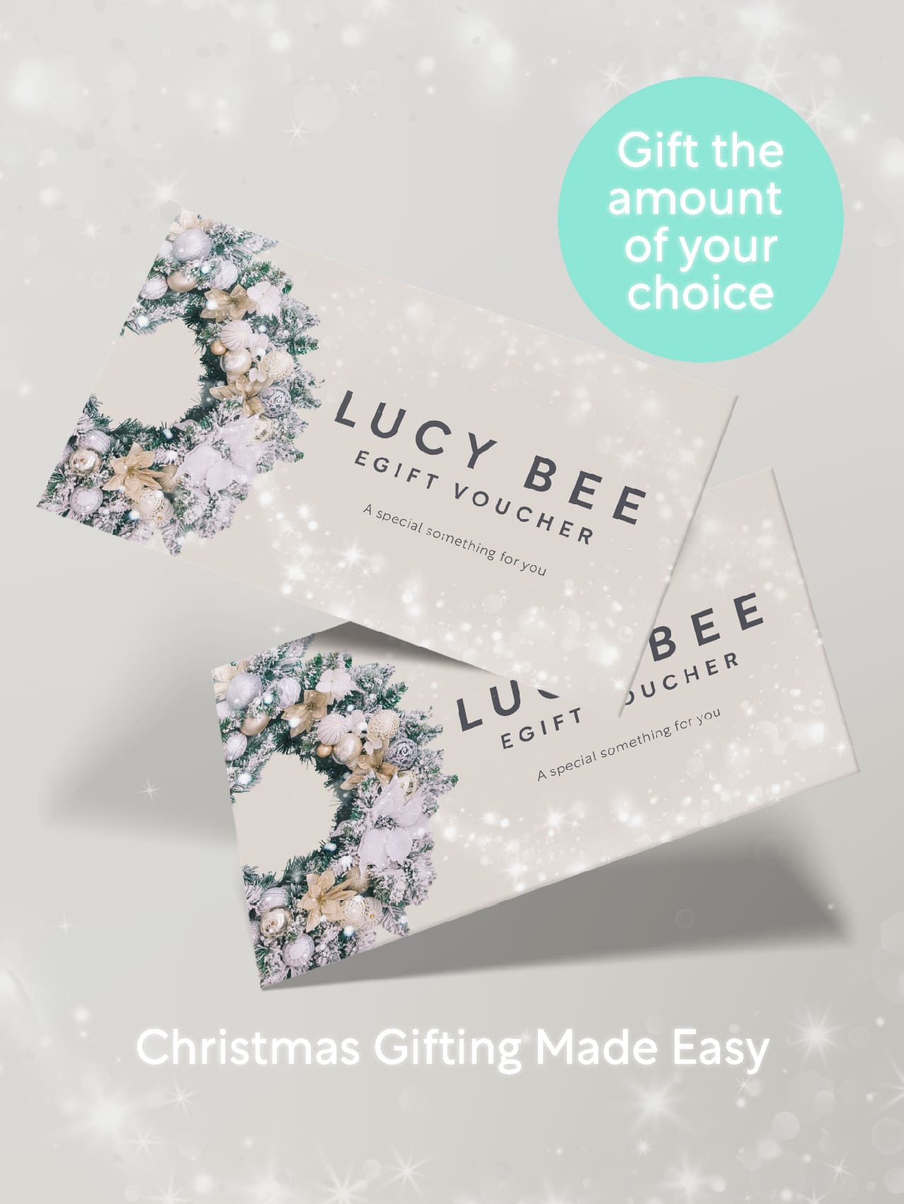 Lucy Bee e-gift vouchers with christmas design on a light gray background