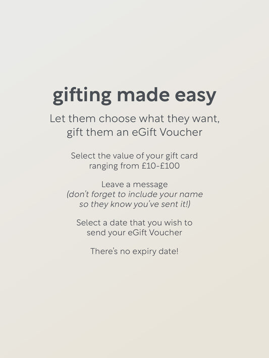 Infographic titled 'gifting made easy' explaining how to select a value, leave a message, and choose a send date for a Lucy Bee eGift Voucher